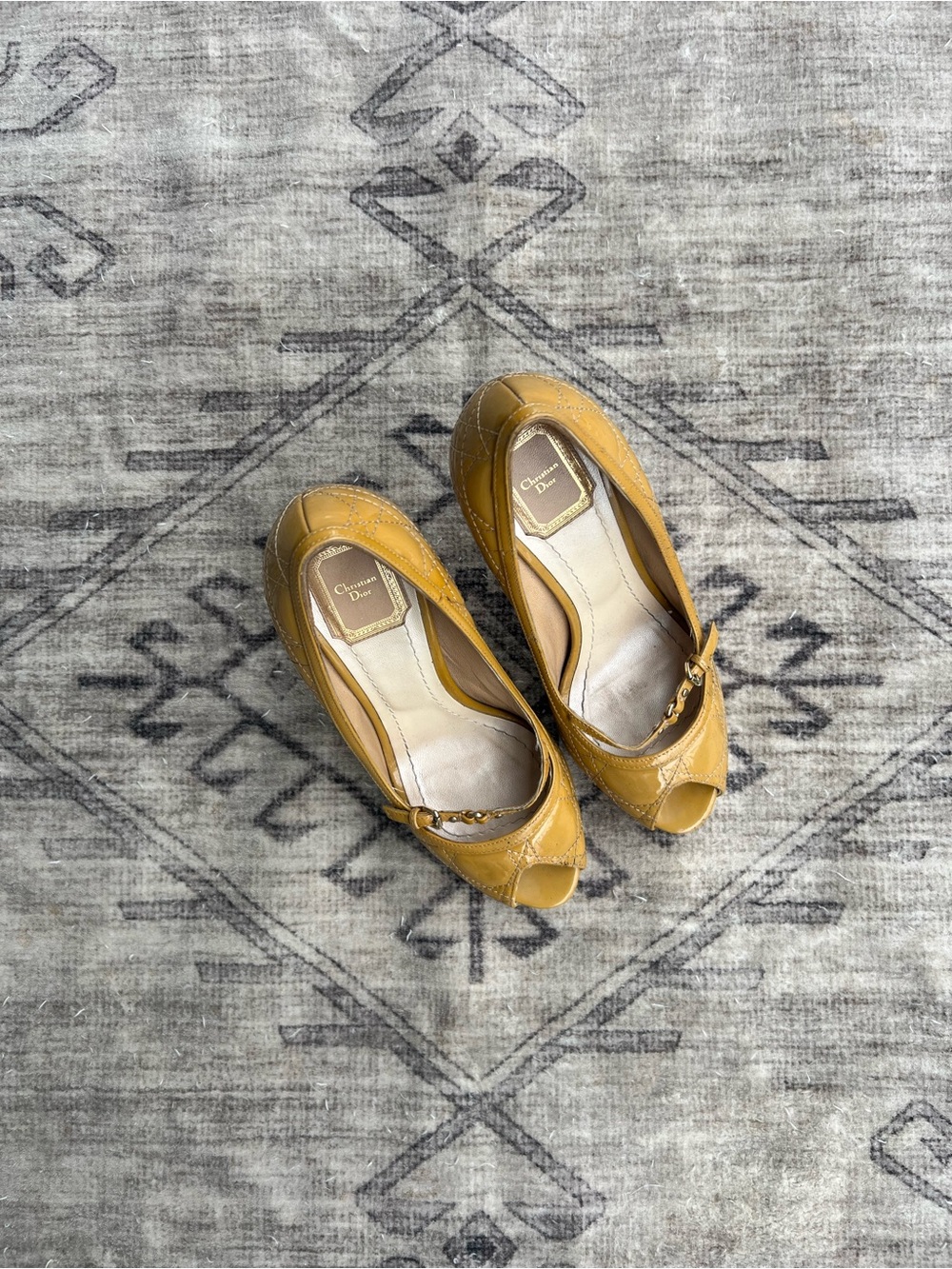 Dior Yellow Peep-Toe Leather Heels with Gold Chain Detail